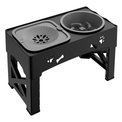 Slow Feed Bowls Double Bowls Foldable With 5 Adjustable Height Suitable For Pets Of Different Heights