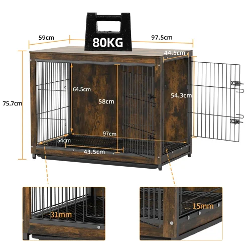 Large Elevated Dog Crate Wooden End Table with Double Door and Removable Tray Rustic Furniture Indoor